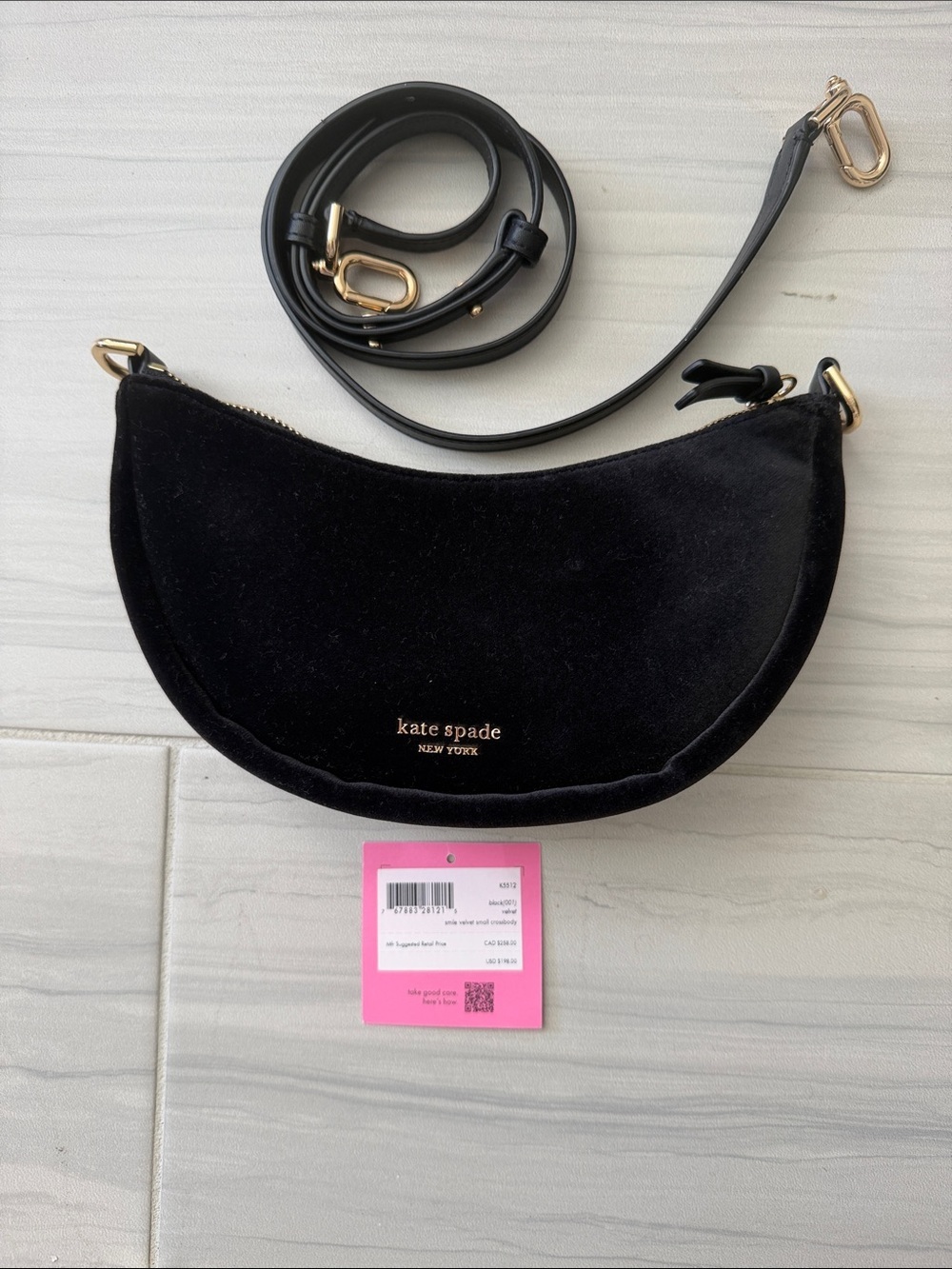 kate spade Black Velvet Crescent Crossbody with Gold Hardware